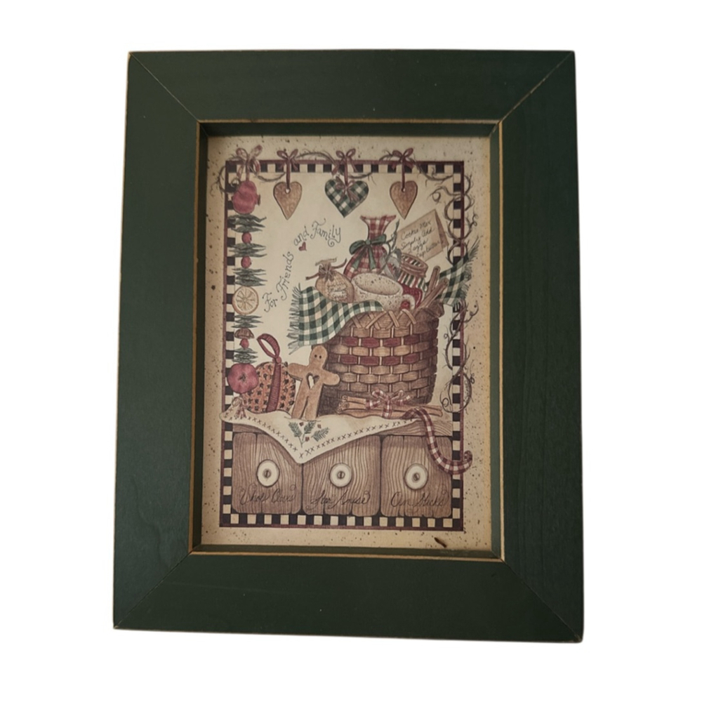 Primitive Cottage Vintage Linda Spivey Art Print Green Frame Beige